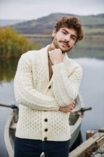 SAOL Irish Fisherman Merino Wool Sweater Men's Cable Knit Aran Shawl Cardigan picture
