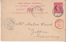 St Vincent: QV Penny Postal Card: Kingstown-London-Zittau, 8-22-23 Jan 1897 picture