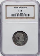 ITALY KINGDOM  1905-R 1 LIRA SILVER COIN, SCARCE, CIRCULATED, NGC CERTIFIED F-12 picture