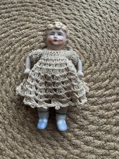 Antique All Bisque German Doll 4” Crochet Dress Blonde Blue Eyes picture