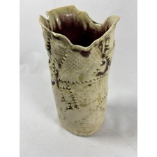 Studio Pottery Textured Reptile Scale Vase Cream Burgundy Artist Signed 8.5
