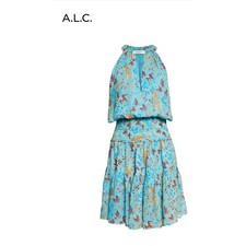 A.L.C. Courtney Floral Smocked Tiered Silk Dress Blue 6 V Neck Mini Luxury picture