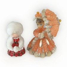 Vintage Handcrafted Beaded Safety Pin Art Doll Figurine Lot Of 2 picture