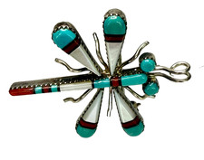 Vintage Zuni Sterling Silver Dragonfly Pin Pendant - Multi-Stone Inlay - Signed  picture