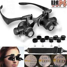 Double Eye Jewelry Watch Repair Magnifier Loupe Glasses With LED Light 8 Lens US picture