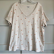 Women’s Beige Floral V-Neck Short Sleeve Knit Pullover T-Shirt Top. picture