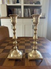 Vintage Set of 2 Solid Polished Brass Candlestick Candle Holders Square Bases picture