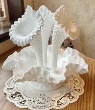 Fenton White Milk Glass Hobnail Ruffled Epergne Centerpiece Vintage picture