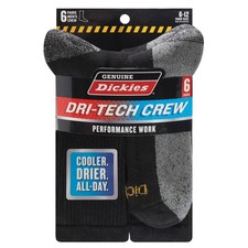 6 Pack Genuine Dickies Mens Dritech Crew Socks Moisture Control Black Size 6-12 picture