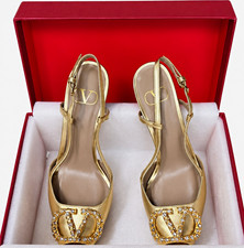 Valentino Garavani Gold Leather Pointed Toe Slingback Heels Buckle EU 40 picture