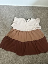 SHEIN XL Regular Beige Brown Colorblock Ruffle Flutter Sleeve Short Shirt picture