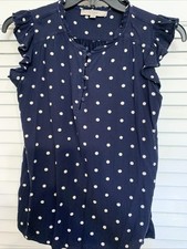 Loft Ruffle Flutter Sleeve Blouse Size M Navy Blue White Polka Dots Preppy picture