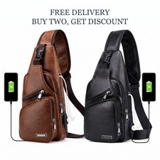 Black and Brwn Crossbody Bag Sling Backpack for Men with USB Charge Port Unisex picture
