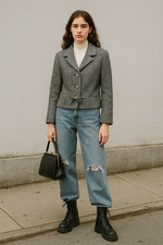 Vtg 50s 60s GLENHAVEN Jacket M Wool Diagonal STRIPE TWEED 3/4 Sleeve BOW PEPLUM picture