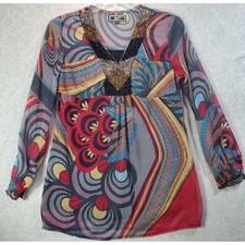 Zashi Beaded V Neck Tunic Women M Multicolor Abstract Chiffon Long Sleeve Top picture