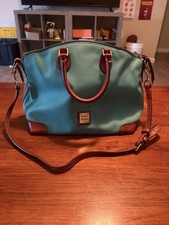 Dooney & Bourke Teal Brown Pebbled Satchel Top Handle Zip Gold Hardware Pockets picture