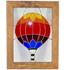 Rainbow Hot Air Balloon Stained Glass Wood Framed Window Panel OOK 13