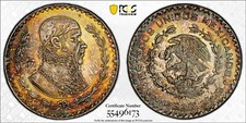 MS66 1966-Mo Mexico Silver 1 Peso, PCGS Trueview- Bright Rainbow Toned picture