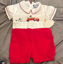 Carriage Boutique Boys Smocked Embroidered Fire Truck Dog Romper One-Piece picture