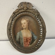 Antique Miniature Germany painting Woman In Blue Dress Signed Read fancy frame picture