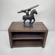 Antique Cast Iron Prancing Horse Shoeshine Stand Foot Rest On Wooden Shelf Case picture