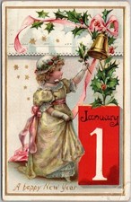 1909 Tuck's HAPPY NEW YEAR Postcard Little Girl / Fashion - Gold Bell & Holly picture