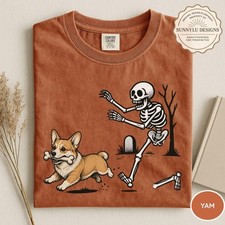 Mens Heavyweight T-Shirt Graphic Halloween Corgi Ghost Skeleton Women Unisex picture