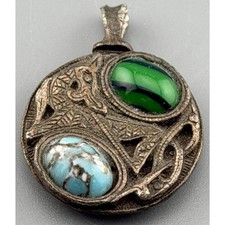 Vintage Chinese Dragon Amulet Pendant Blue Green Stones Pot Metal 7/8
