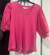 Chico's Women's Pink Solid Cotton Knit Scoop Neck Puff 3/4 Sleeve Top Sz 1 picture