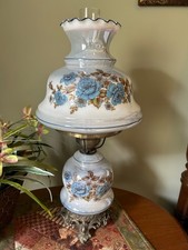 Vintage Gone With The Wind Floral Blue Hurricane Parlor Lamp 23” 3 Way Light picture