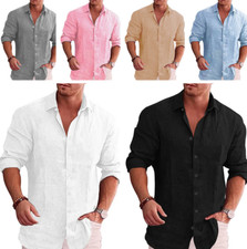 Cotton Linen Shirt Mens Long Sleeve Button Down Collar Casual Breathable 25% OFF picture