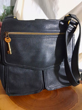 Vtg Fossil Black Pebbled Leather Shoulder Bag Satchel Gold Hardware Key Charm picture
