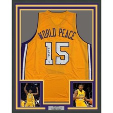 Framed Autographed/Signed Metta World Peace 35x39 LA Yellow Jersey BAS COA picture