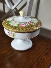 Antique Nippon Hand Painted Porcelain Pedestal Trinket Box Blue Floral Gold Gilt picture