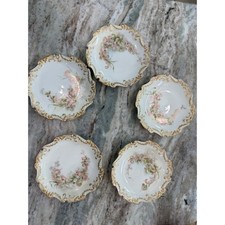 Antique French Limoge Hand Painted Small Plates (5) Gold Gilt Scalloped Rim picture