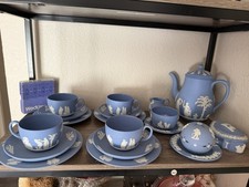 Vintage Wedgwood Blue Jasperware Coffee Set Glazed Inside (Service for 4; 19 pc) picture
