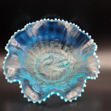 Antique Northwood Peacocks on the Fence Blue Opalescent Ruffled Bowl  picture