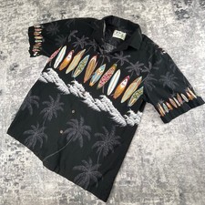 Vtg Ky's Men L Hawaiian Camp Shirt Surfboard Waves Palm Trees Black Cotton picture