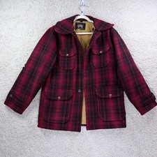 Mens L Vintage Woolrich Wool Hunting Coat Red Black Plaid Mackinaw Cruiser 60s picture