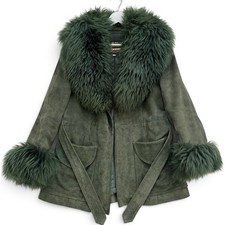 VTG 70s Montgomery Ward Penny Lane Green Suede Faux Fur Trim Jacket 7/8 Boho picture