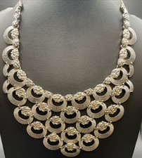 Vintage Signed MONET Textured Crescent Bib Necklace Silver Tone Egyptian Style picture