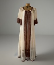 Vtg 60s Janelle Sheer Peignoir Chiffon Long Gown Robe Beige Brown Lace Small picture