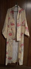 Vintage Japanese Style Kimono Robe Cream Red Fan Floral Blossom Full Length picture