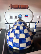 MacKenzie-Childs Blue & White Check Enamel Whistling Tea Kettle 2 Qt picture