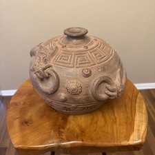 Vintage Chinese terra cotta jug with koi fish in high relief and Greek key patte picture