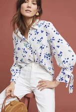 Anthropologie MAEVE Blithe NWOT Button Up Shirt Tie Sleeves Blueberry AOP Sz 8 picture