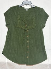 Natural Reflections Womens L Olive Green Embroidered Bib Top Button Cap Sleeve picture