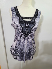 Y2K 90S Tank Top M V-Neck Sleeveless Paisley Black White Gray Whimsigoth Grunge picture