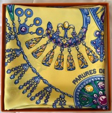HERMÈS Vintage Silk Scarf 90cm --Parures des Sables. Blues, Yellows, Greens. picture