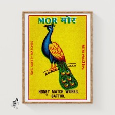 Peacock Matchbox Art Print, Indian Vintage Folk Art (Yellow Decor) picture